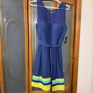 Navy Mesh Yoke Fit & Flare Dress with Colorblock Hem by GUESS BRAND NEW
